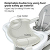 Detachable double tray of the 3-in-1 baby high chair in gray, featuring cup and cutlery holders for easy cleaning.