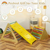 3-in-1 wooden climbing set featuring two triangle climbers and a yellow ramp, designed for kids' play and development.