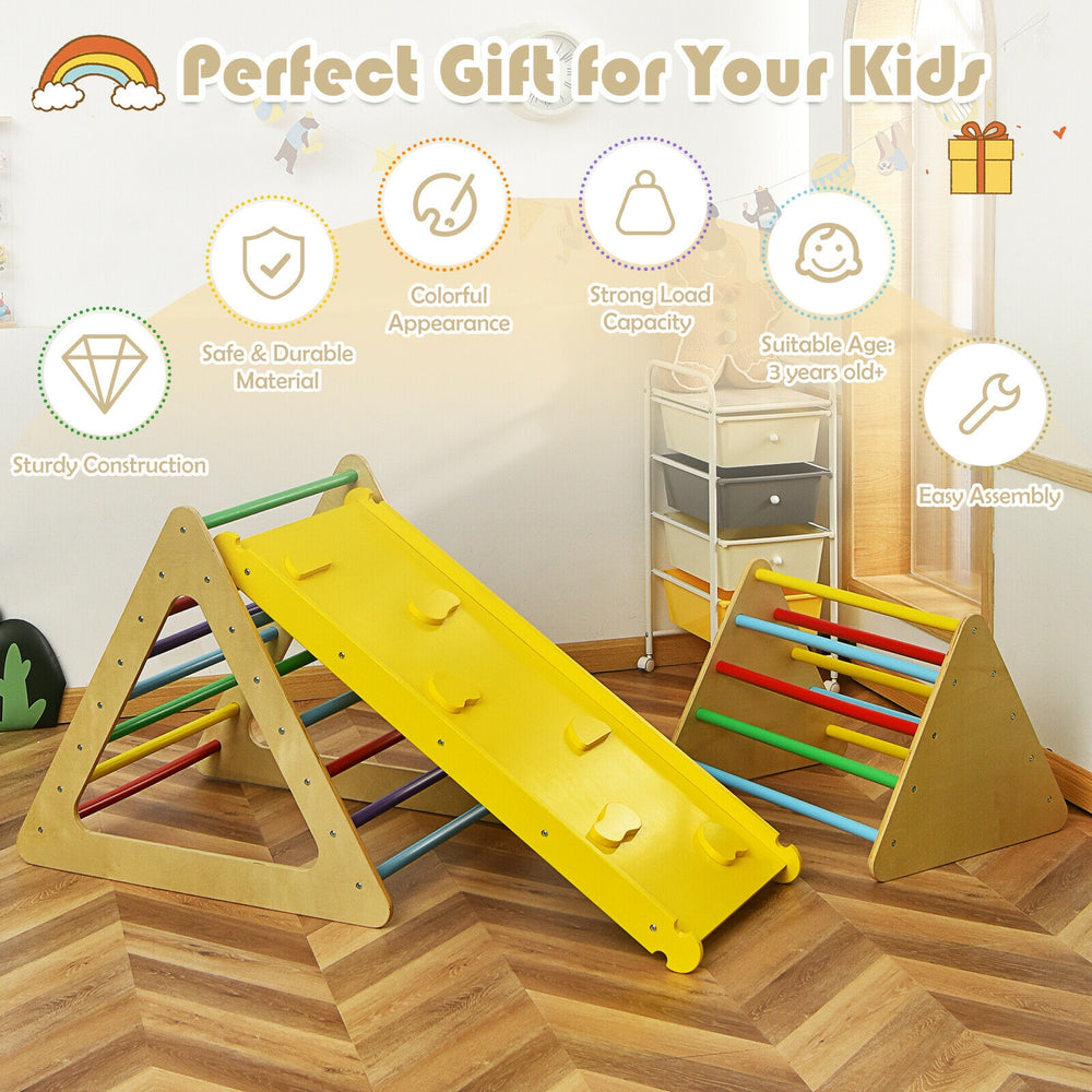 3-in-1 wooden climbing set featuring two triangle climbers and a yellow ramp, designed for kids' play and development.