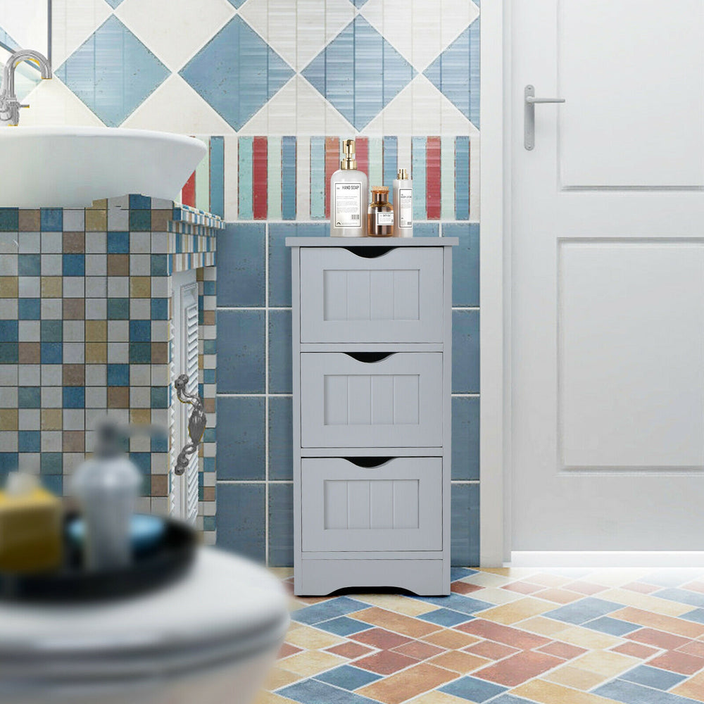 Freestanding gray bathroom storage organizer with 3 drawers, perfect for compact spaces and daily essentials.