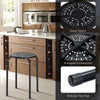 Black backless round metal stool with daisy pattern, stackable design, ideal for indoor and outdoor use.