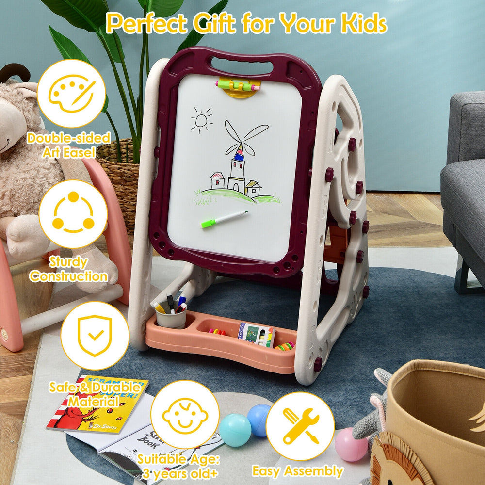 3-in-1 kids art easel with double-sided whiteboard and chalkboard, adjustable height, and colorful design for creative.