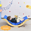 Kids enjoy reading on the 3-in-1 wooden arch triangle rocker with a blue mat, promoting balance and imagination.
