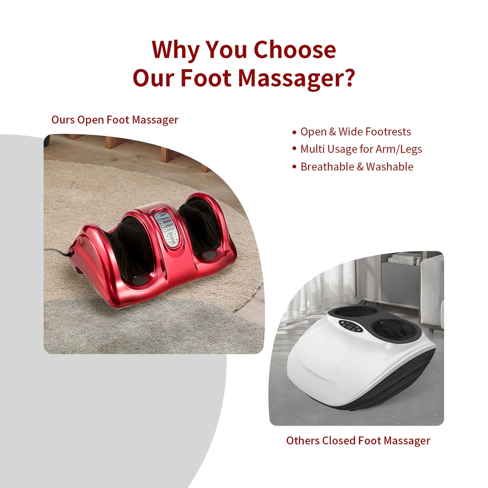 Therapeutic Shiatsu foot massager in red, showcasing open footrests and lightweight design for easy portability and.