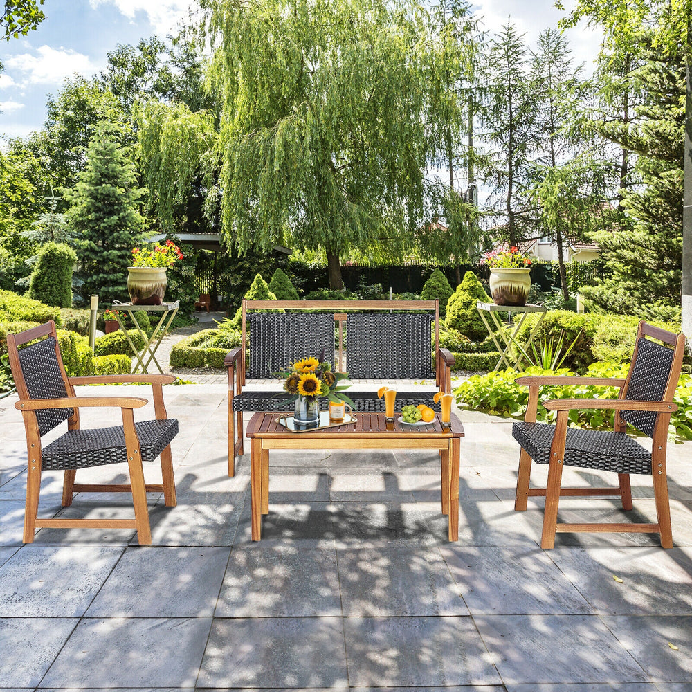 Four-piece outdoor patio rattan furniture set with acacia wood frame, perfect for garden relaxation and gatherings.