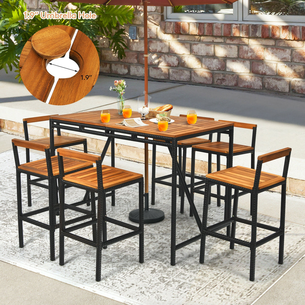 7-piece acacia wood patio bar set with 1.9" umbrella hole and 6 bar stools, perfect for outdoor dining and gatherings.