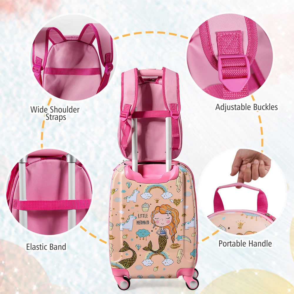 Kids rolling suitcase and backpack set in pink with astronaut pattern, featuring adjustable straps and portable handle.