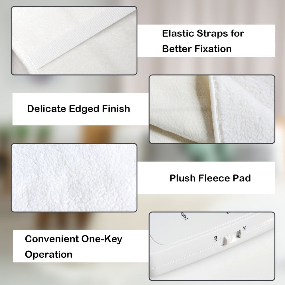 Plush fleece pad with delicate edged finish and elastic straps for secure fixation on a massage bed warmer.