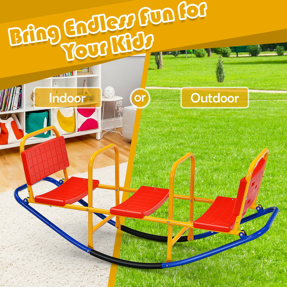 Outdoor kids seesaw swivel teeter for ages 3 to 8, featuring red ergonomic seats and sturdy carbon steel for safe play.