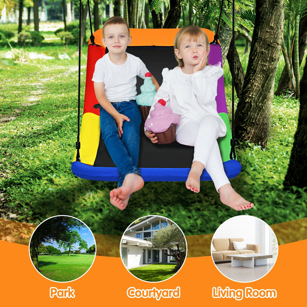 Colorful 60-inch platform tree swing for kids, featuring durable Oxford fabric and a solid steel frame, ideal for.