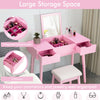 Pink makeup vanity table set with flip-top mirror, 2 drawers, and 9 compartments for organized storage in any bedroom.