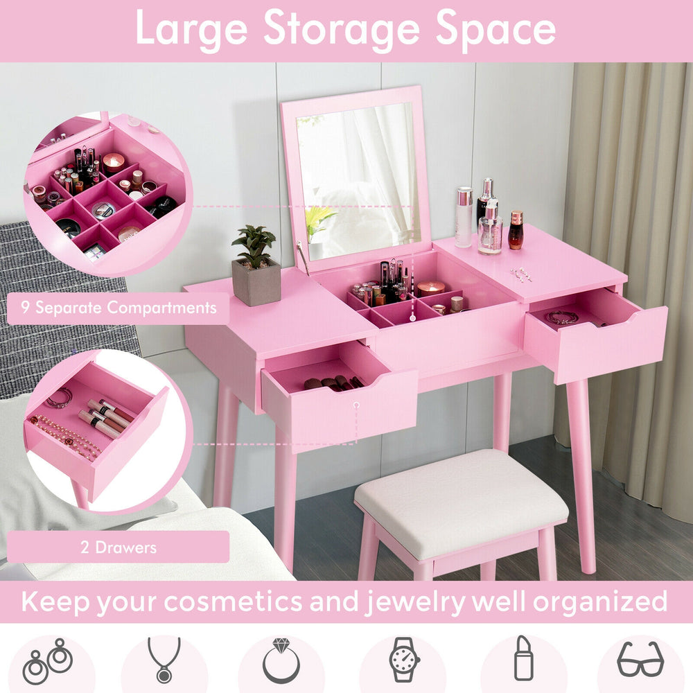Pink makeup vanity table set with flip-top mirror, 2 drawers, and 9 compartments for organized storage in any bedroom.