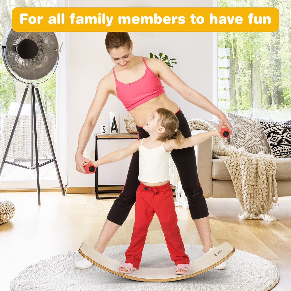Balance board for kids and adults made of natural birch wood, promoting fun and coordination indoors or outdoors.