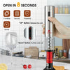 Electric wine bottle opener set with stainless steel design, includes foil cutter and wine stoppers for easy use.