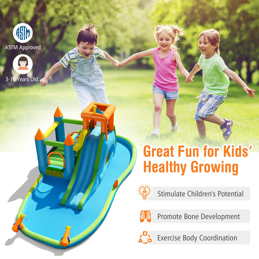 Inflatable water slide with bounce house and splash pool for kids, featuring colorful design and multiple play areas.