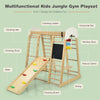 Indoor playground climbing gym playset with slide, swing, and monkey bars, made of sturdy wood for kids' fun and safety.