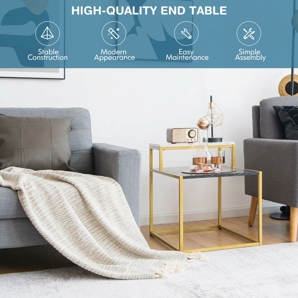 2-tier end table with metal frame and marble patterns, offering elegant storage for living room or bedroom use.