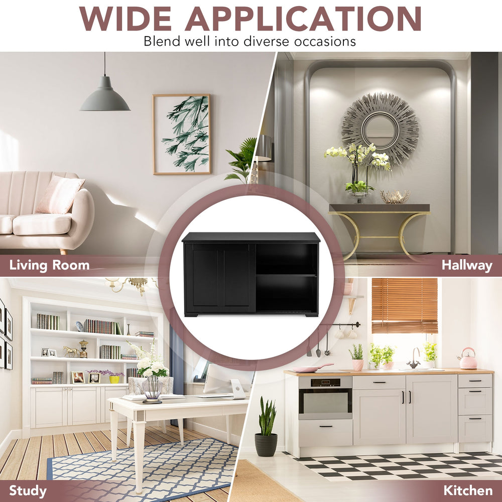 Black kitchen storage cupboard cabinet with sliding doors, featuring spacious top and solid wood construction for.