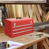 Red portable garage mechanic tool cabinet box with 3 drawers and easy grip handle for convenient tool storage.