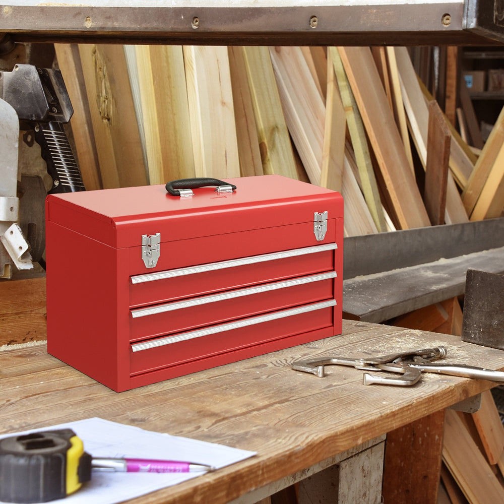 Red portable garage mechanic tool cabinet box with 3 drawers and easy grip handle for convenient tool storage.