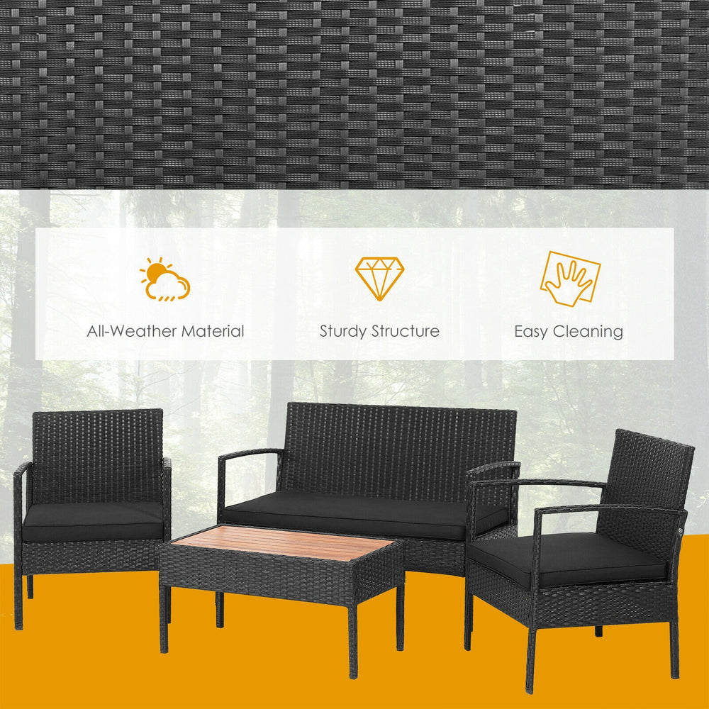 4-piece patio rattan furniture set featuring cushioned loveseat and chairs, with a premium acacia wood tabletop for.
