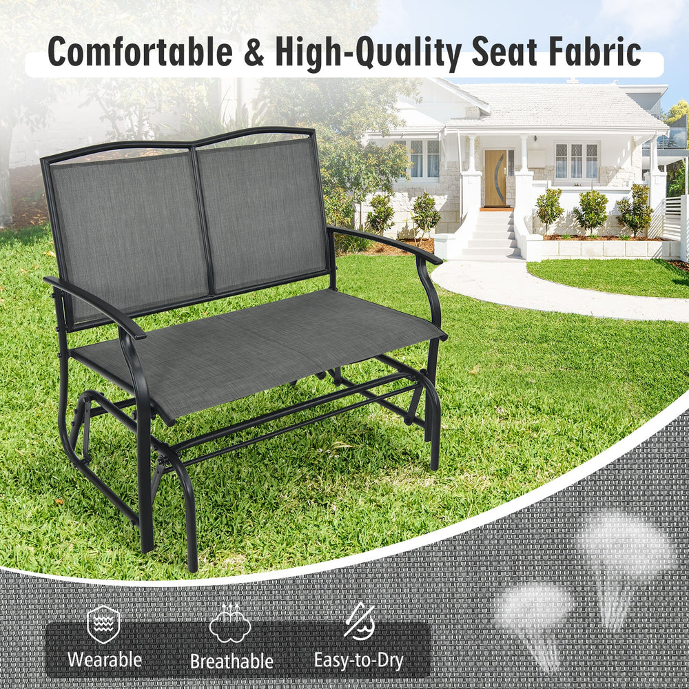 Gray iron patio rocking chair for two, featuring breathable fabric and a durable metal frame, ideal for outdoor.