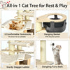 Multi-level cat tree with cream white finish, featuring sisal posts, hammocks, and dangling fur balls for playtime fun.