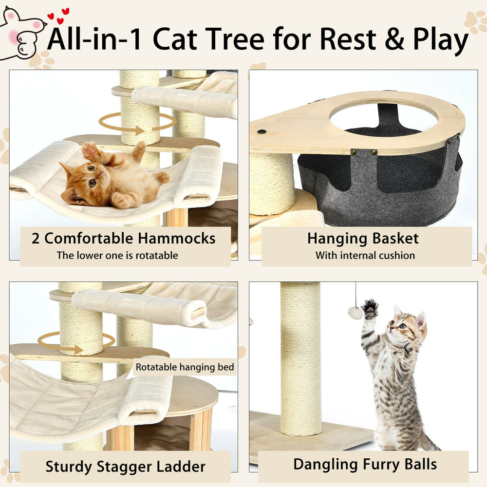 Multi-level cat tree with cream white finish, featuring sisal posts, hammocks, and dangling fur balls for playtime fun.