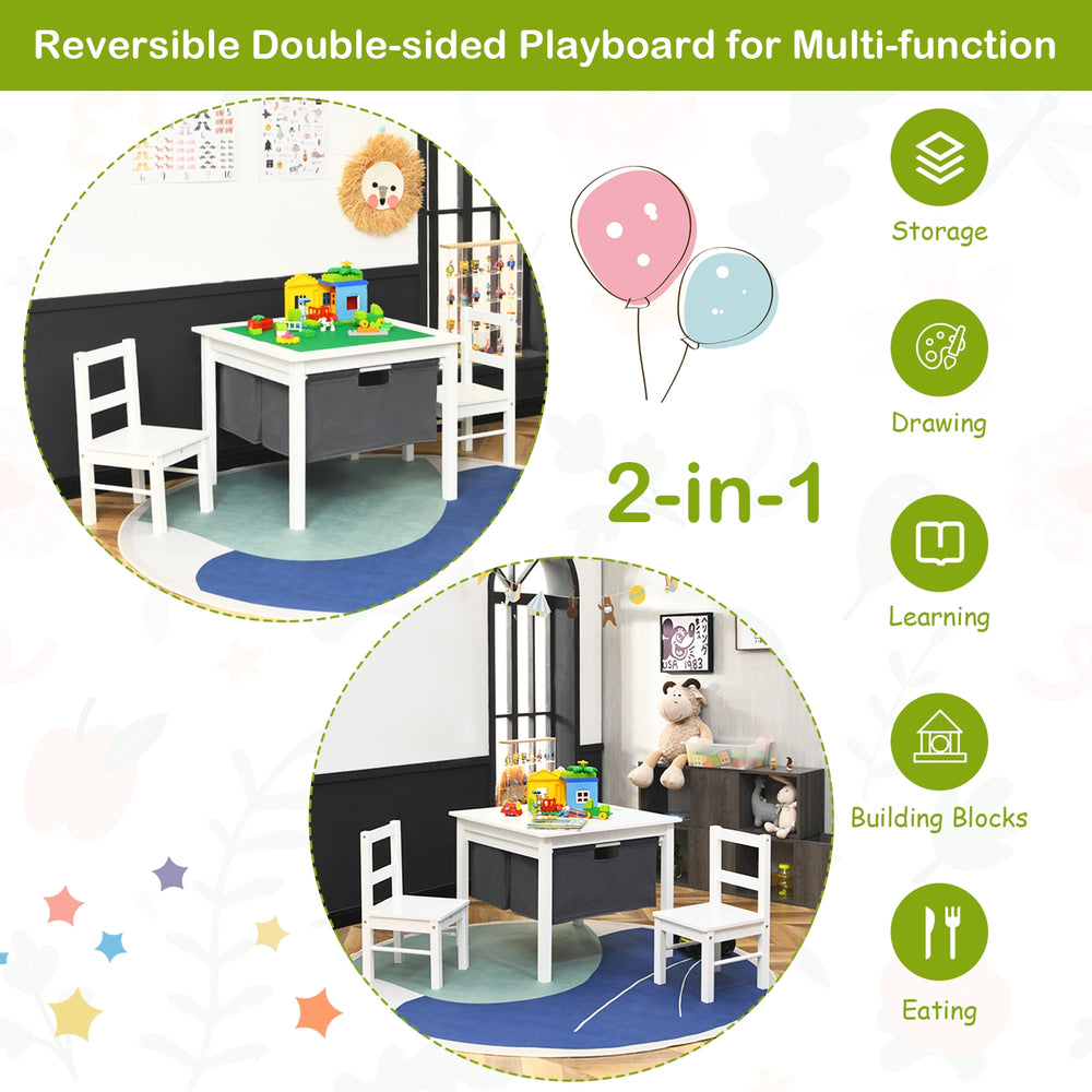 Kids activity table with two chairs, double-sided playboard for building and drawing, includes storage drawers.