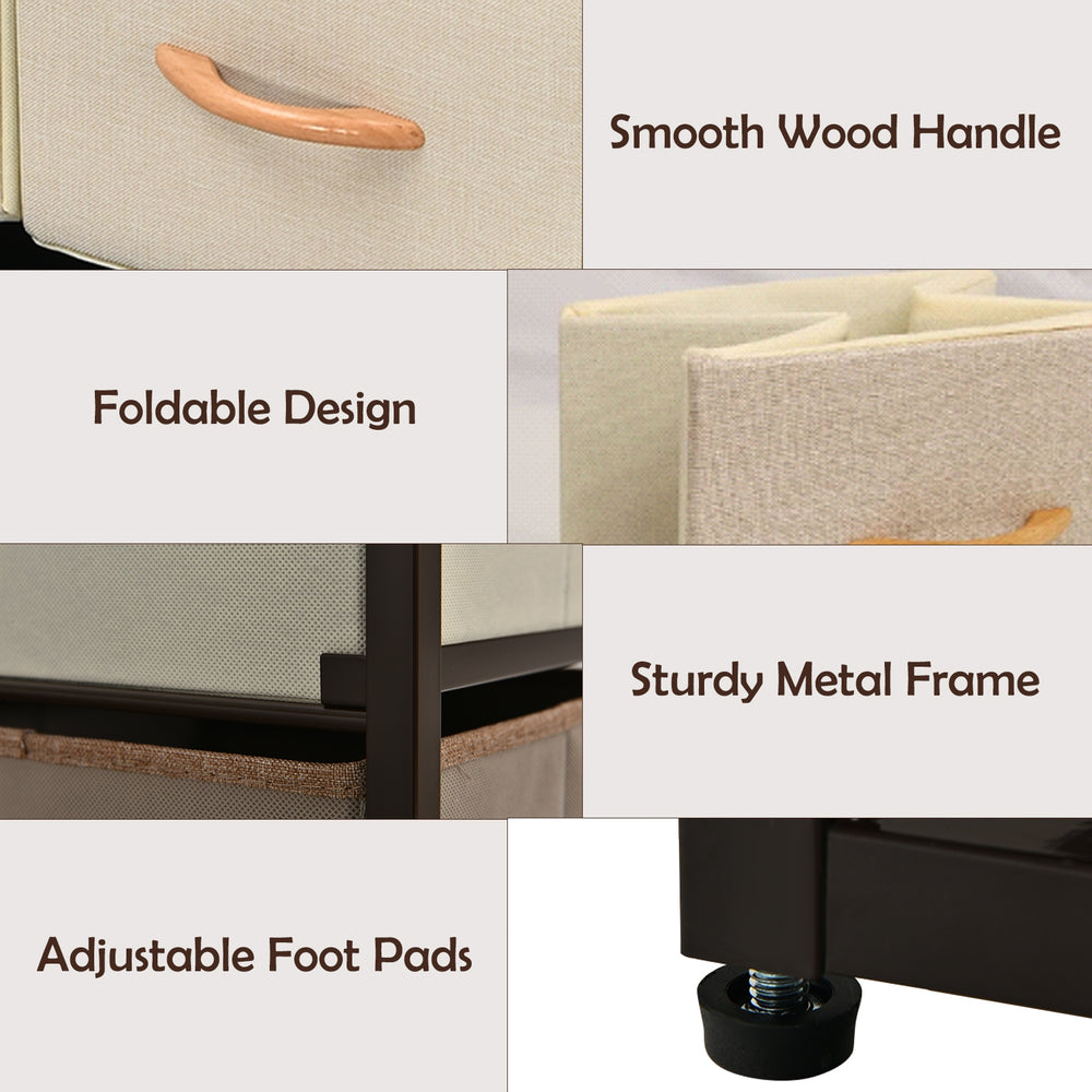 Close-up of the 4-tier organizer tower featuring a sturdy metal frame, smooth wood handles, and adjustable foot pads.