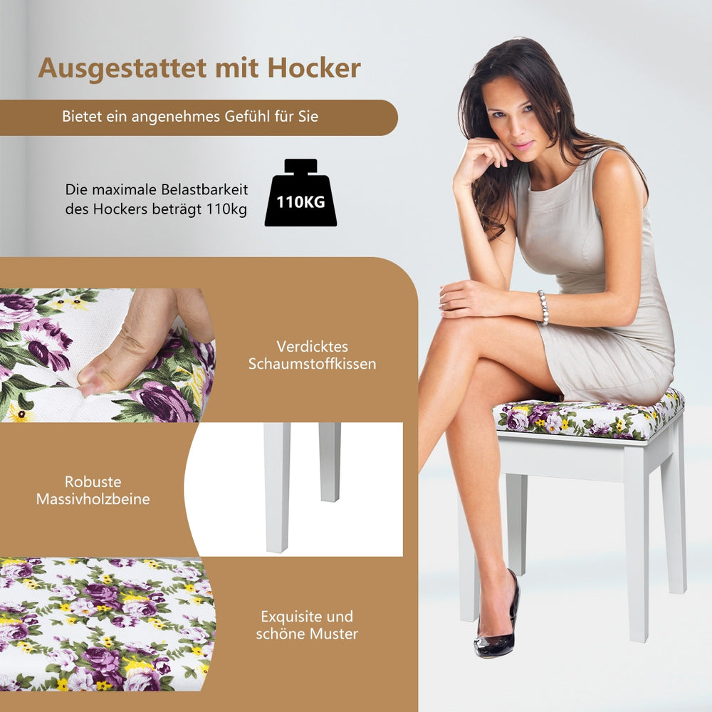 Vanity dressing table set with floral stool, featuring solid wood legs and 3 drawers for ample storage in compact.