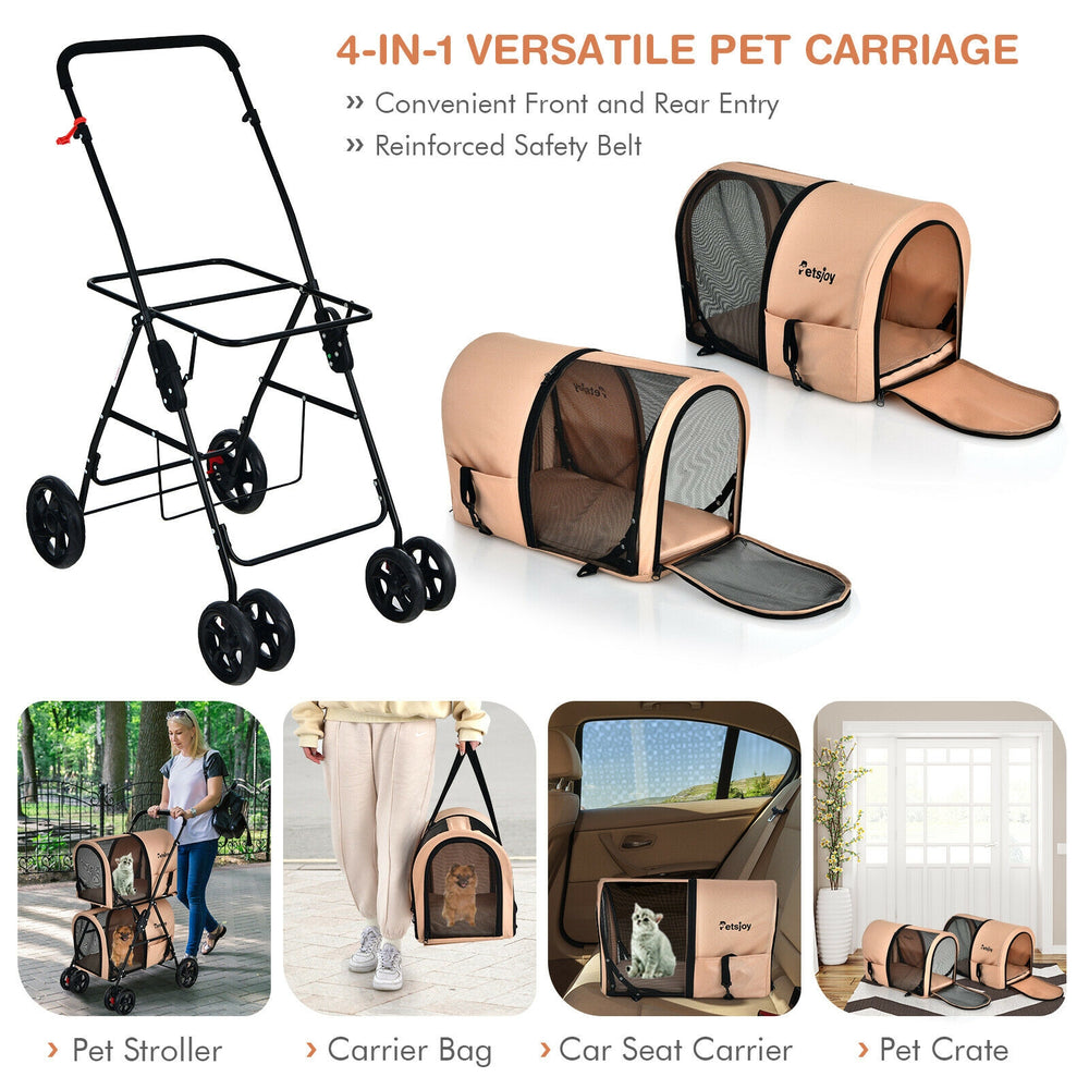 4-in-1 double pet stroller in beige with detachable carriers, ideal for travel and outdoor adventures with pets.