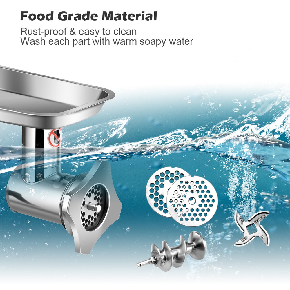 Close-up of stainless steel parts of a Heavy Duty 1.5HP Meat Grinder, showcasing FDA approved food grade material for.