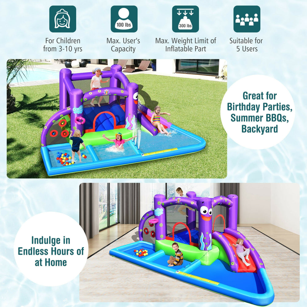 Inflatable water slide park with splash pool, octopus design, and trampoline for 5 kids, ideal for backyard fun.