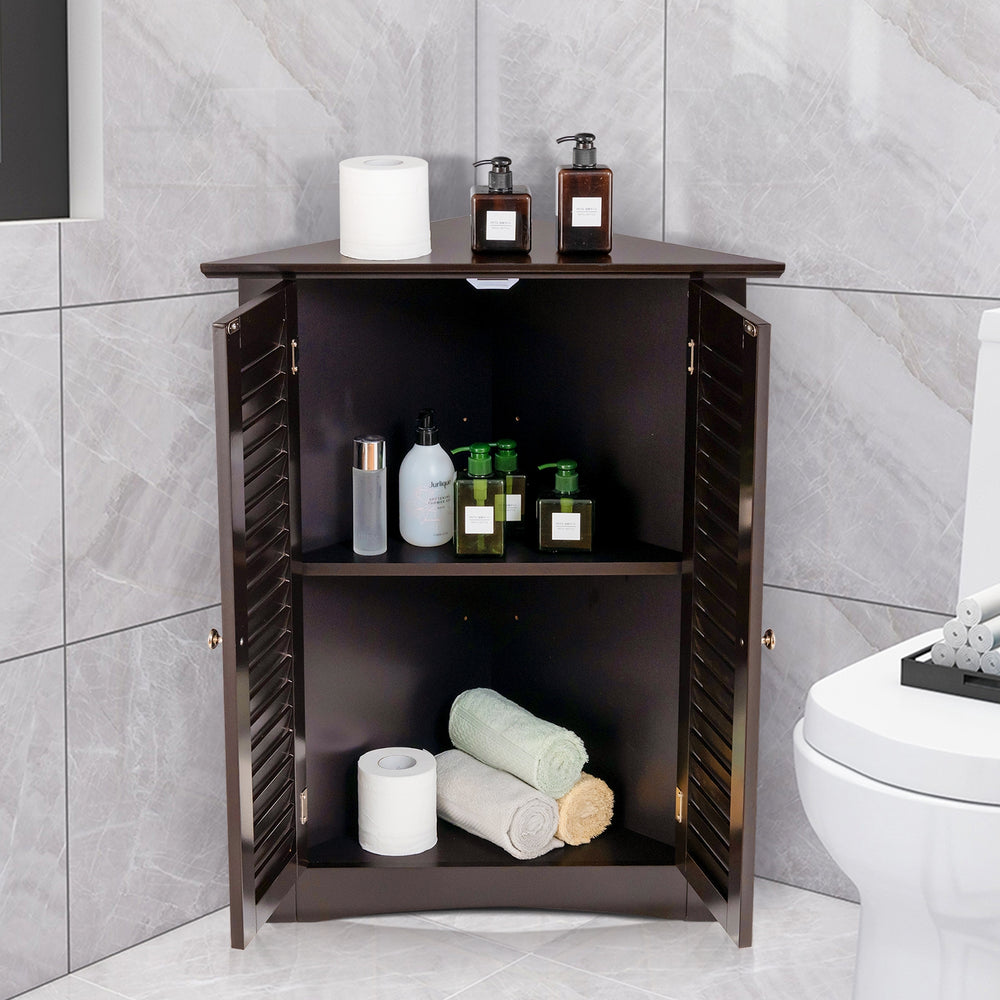Brown bathroom corner storage cabinet with shutter doors, adjustable shelves, and spacious storage for various items.