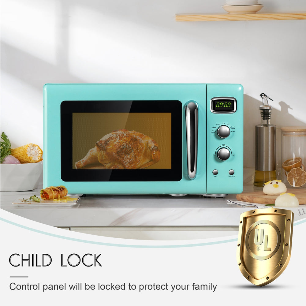 Retro green 0.9 Cu.ft countertop microwave oven with child lock, ideal for small spaces and easy operation.