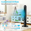 42-inch black tower fan with smart display, remote control, and 80° oscillation for personalized airflow in any room.