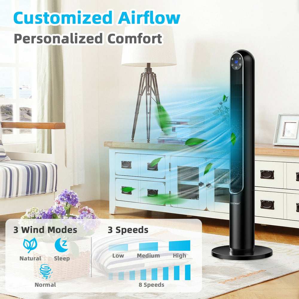 42-inch black tower fan with smart display, remote control, and 80° oscillation for personalized airflow in any room.
