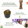 Faux wisteria plant with purple flowers, real wood trunks, and realistic moss in a nursery pot for elegant home decor.