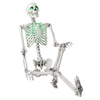 Life-size 5.5 FT Halloween skeleton with posable limbs and glowing green eyes, perfect for indoor or outdoor decoration.