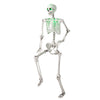 Life-size 5.5 FT Halloween skeleton with posable limbs and glowing green eyes, ideal for creating spooky scenes indoors.