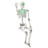 Life-size 5.5 FT Halloween skeleton, posable with glowing green eyes, ideal for indoor or outdoor decoration.