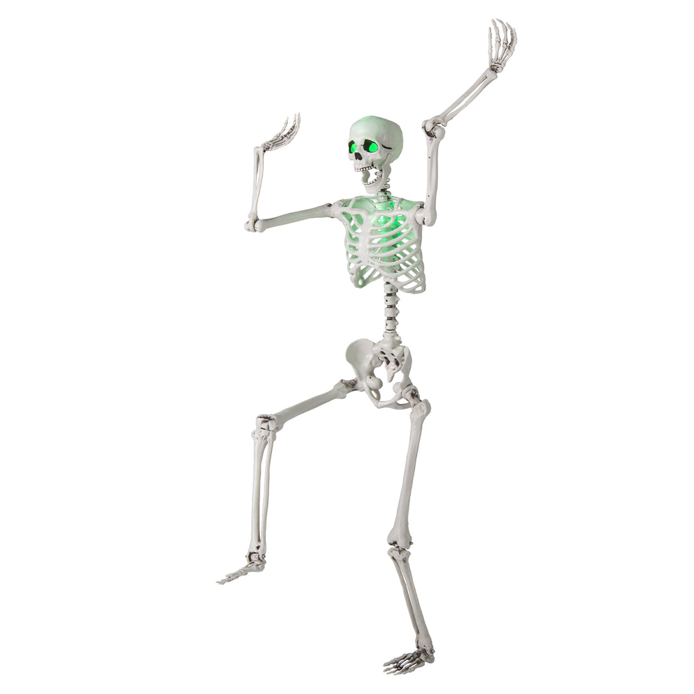 Life-size 5.5 FT posable Halloween skeleton with glowing green eyes, perfect for indoor or outdoor decoration.
