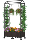 Self-watering planter box with lattice trellis and roof, featuring brown rattan panels and lockable wheels for easy.