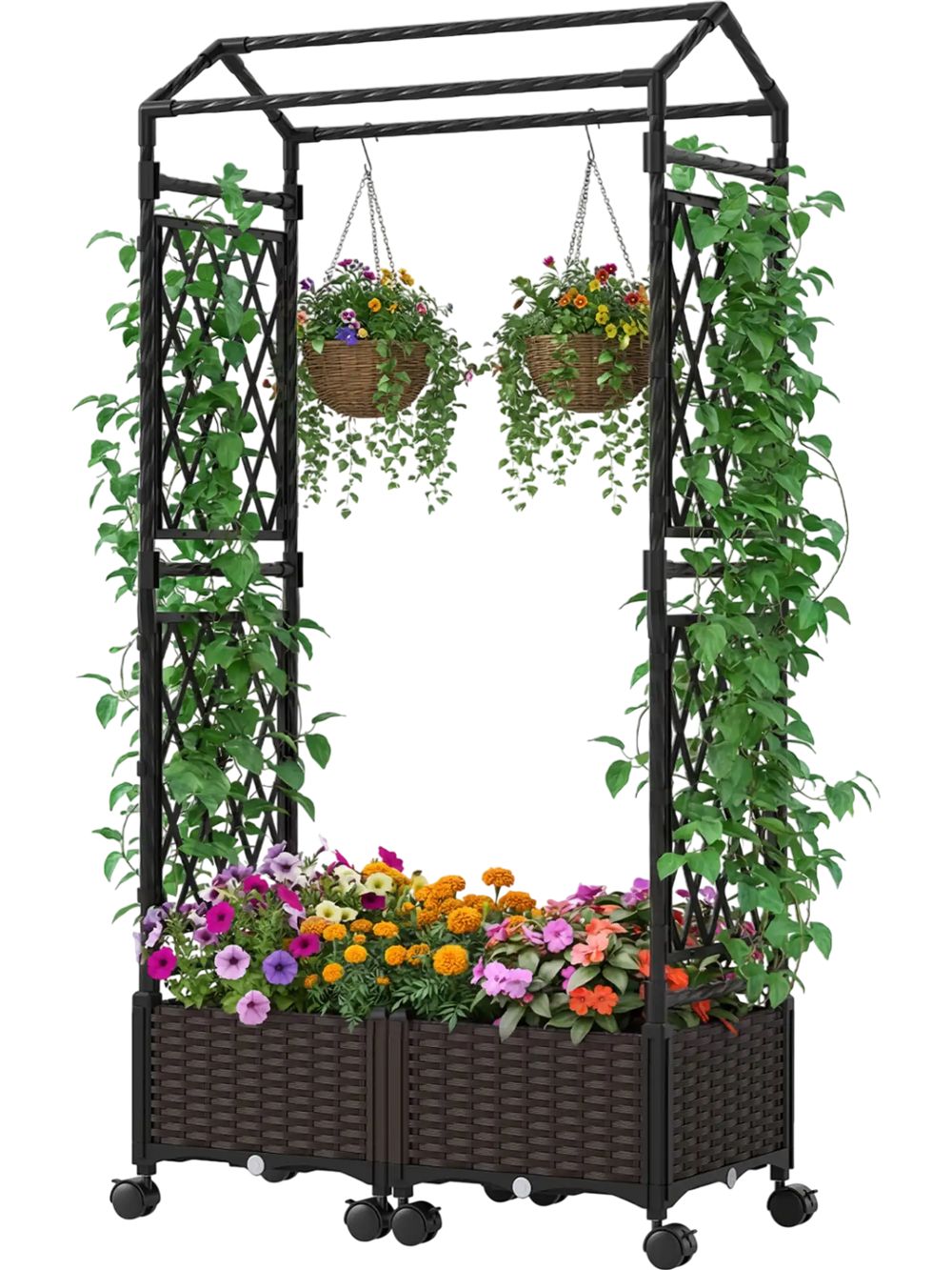 Self-watering planter box with lattice trellis and roof, featuring brown rattan panels and lockable wheels for easy.