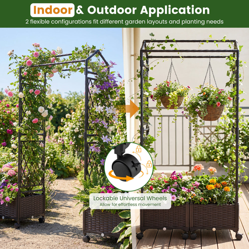 Self-watering planter boxes with lattice trellis and roof in brown, featuring lockable wheels for easy movement.