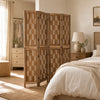 Tall 5.5 FT room divider with wave cutout patterns and a brown paulownia frame, ideal for privacy in any room.