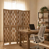 5.5 FT tall room divider with wave cutout patterns in brown paulownia wood, ideal for creating privacy in any room.
