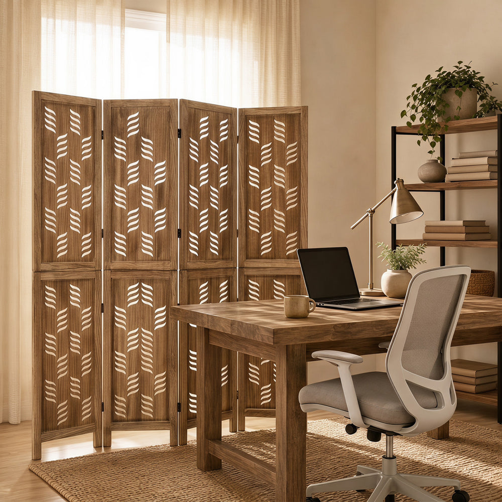 5.5 FT tall room divider with wave cutout patterns in brown paulownia wood, ideal for creating privacy in any room.
