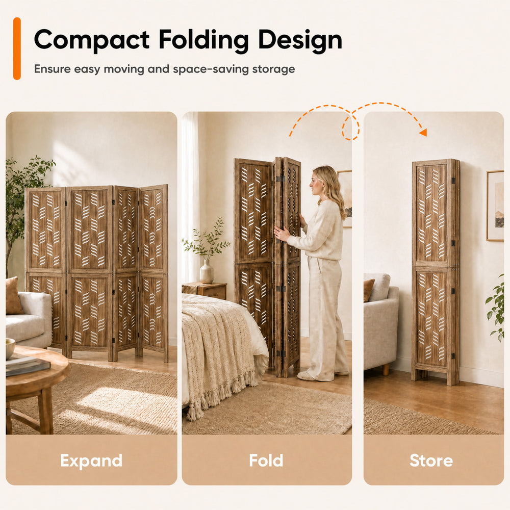 5.5 FT tall room divider with wave cutout design, made of paulownia wood, easily folds for compact storage and privacy.